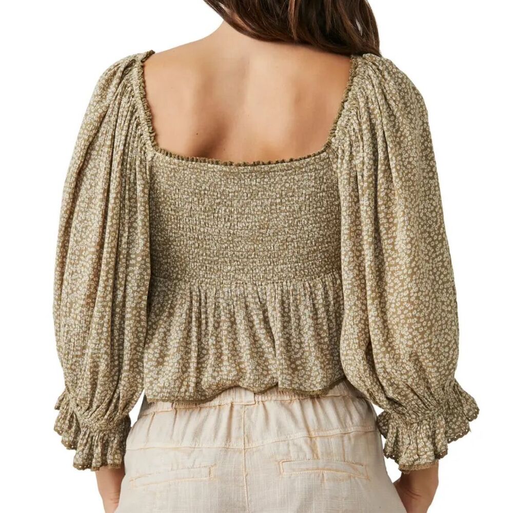 Free People Olive Floral Smocked Peasant Blouse
